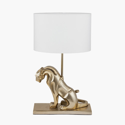pacific lifestyle Osa Shiny Gold Metal Jaguar Table Lamp Base with Mia 40cm Ivory Oval Cotton Mix Lampshade