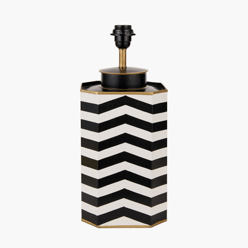 Pacific Lifestyle Oskar Black And White Chevron Hand Painted Metal Table Lamp Base With Stellan 40cm Black Slubbed Silk Mix Gold Lined Cylinder Lampshade