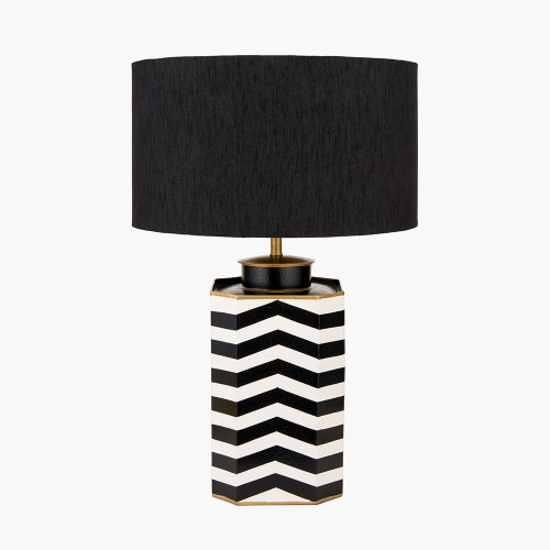 pacific lifestyle Oskar Black and White Chevron Hand Painted Metal Table Lamp Base with Stellan 40cm Black Slubbed Silk Mix Gold Lined Cylinder Lampshade
