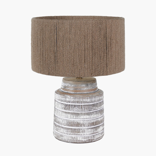 pacific lifestyle Paihia White Wash Wood Textured Short Table Lamp Base with Issa Natural Rope 30cm Cylinder Lampshade