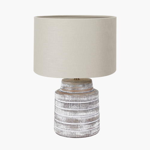 pacific lifestyle Paihia White Wash Wood Textured Short Table Lamp Base with Lino 30cm Grey Self Lined Linen Cylinder Lampshade