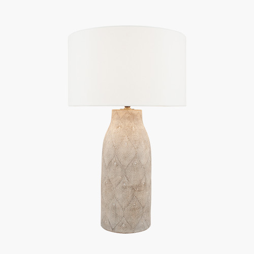 Pacific Lifestyle Palawan Stone Grey Feather Stoneware Table Lamp Base With Henry 40cm White Handloom Cylinder Lampshade