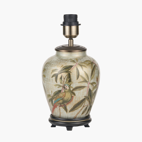 Pacific Lifestyle Parrot Small Glass Table Lamp Base With Lino 25cm White Self Lined Linen Cylinder Lampshade