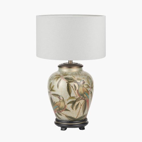 pacific lifestyle Parrot Small Glass Table Lamp Base with Lino 25cm White Self Lined Linen Cylinder Lampshade