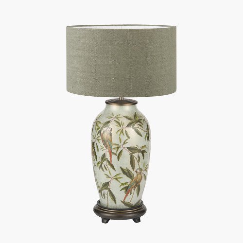 pacific lifestyle Parrot Tall Glass Table Lamp Base with Edward 40cm Pistachio Green Linen Cylinder Lampshade