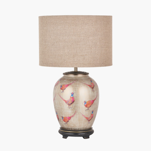 pacific lifestyle Pheasant Medium Glass Table Lamp Base with Edward 30cm Natural Linen Cylinder Lampshade
