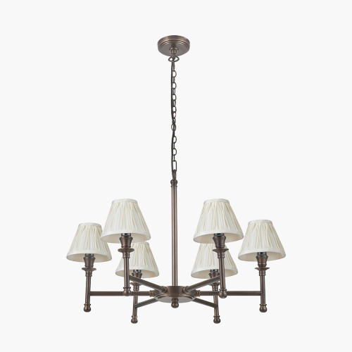 pacific lifestyle Piero Antique Bronze Metal 6 Arm Pendant with Garbo 15cm Cream Silk Mix Pinch Pleat Tapered Candle Clip Lampshades