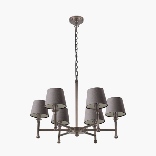 pacific lifestyle Piero Antique Bronze Metal 6 Arm Pendant with Pelham 15cm Grey Handloom Tapered Candle Clip Lampshade
