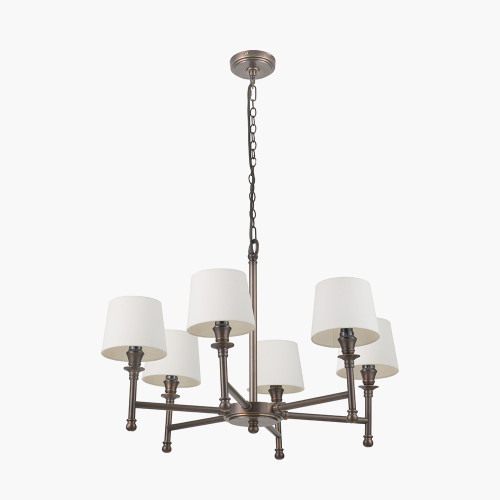 pacific lifestyle Piero Antique Bronze Metal 6 Arm Pendant with Pelham 15cm White Handloom Tapered Candle Clip Lampshades