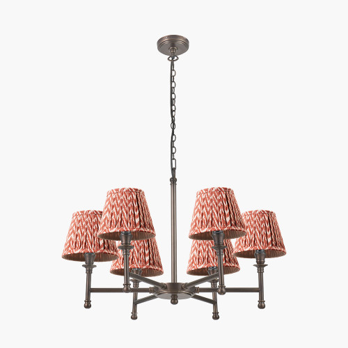 pacific lifestyle Piero Antique Bronze Metal 6 Arm Pendant with Vienna 16cm Red Chevron Mushroom Pleat Lampshade