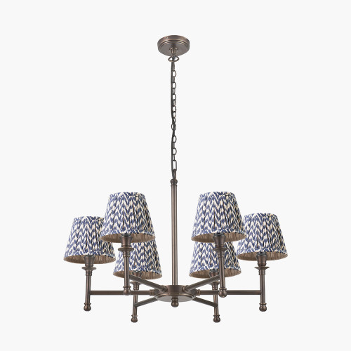 pacific lifestyle Piero Antique Bronze Metal 6 Arm Pendant with Vienna 16cm Blue Chevron Mushroom Pleat Lampshade