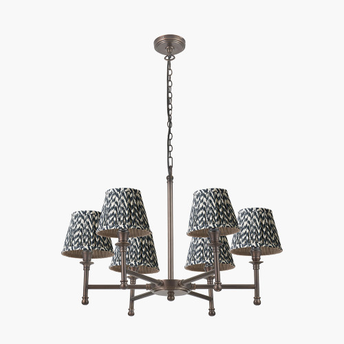 pacific lifestyle Piero Antique Bronze Metal 6 Arm Pendant with Vienna 16cm Black Chevron Mushroom Pleat Lampshade
