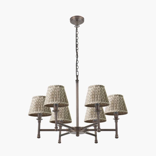 pacific lifestyle Piero Antique Bronze Metal 6 Arm Pendant with Vienna 16cm Taupe Chevron Mushroom Pleat Lampshade