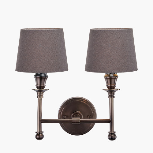 Pacific Lifestyle Piero Antique Bronze Metal Double Wall Light With Pelham 15cm Grey Handloom Tapered Candle Clip Lampshades