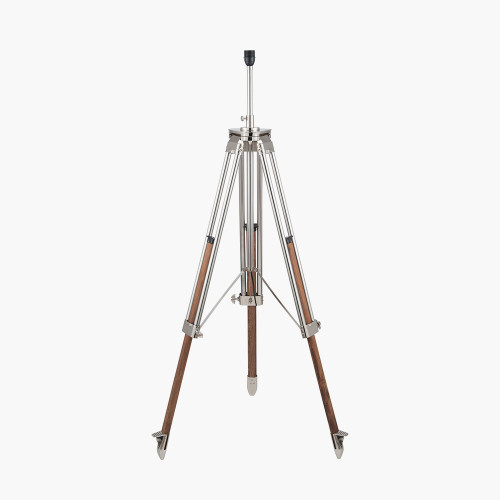 Pacific Lifestyle Port Nickel And Wood Tripod Floor Lamp Base With Lino 55cm Steel Grey Self Lined Linen Cylinder Lampshade