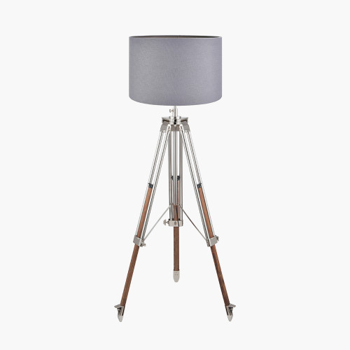 pacific lifestyle Port Nickel and Wood Tripod Floor Lamp Base with Lino 55cm Steel Grey Self Lined Linen Cylinder Lampshade
