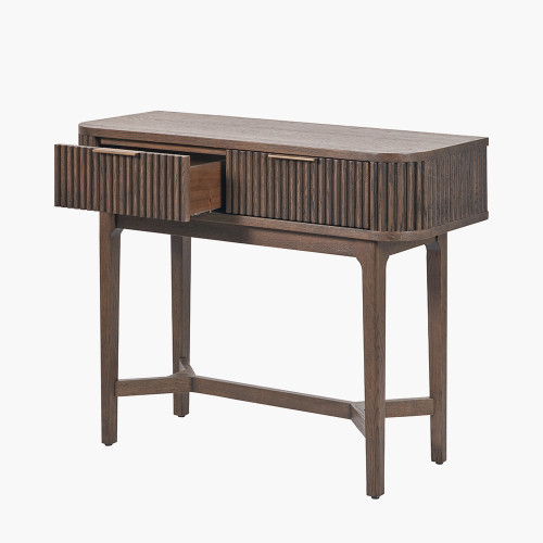Pacific Lifestyle Raie Dark Brown Ribbed Oak And Pine Wood 2 Drawer Console Table