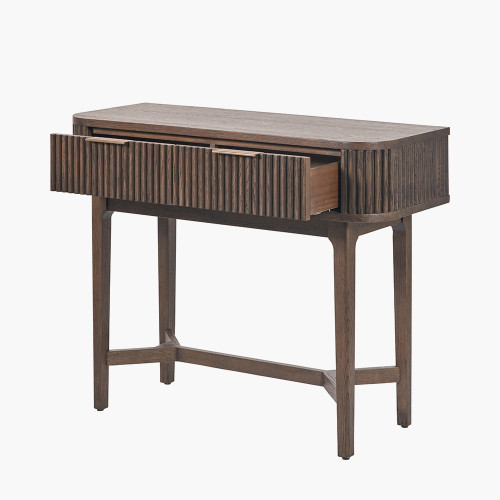 Pacific Lifestyle Raie Dark Brown Ribbed Oak And Pine Wood 2 Drawer Console Table