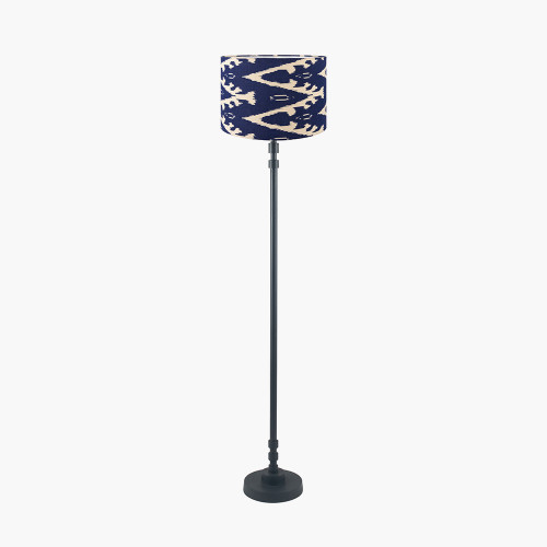 pacific lifestyle Rhode Matt Black Stick Metal Floor Lamp Base with Lars 40cm Ocean Blue Ikat Patterned Cylinder Lampshade