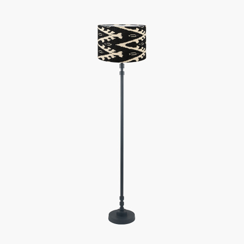 pacific lifestyle Rhode Matt Black Stick Metal Floor Lamp Base with Lars 40cm Black Ikat Patterned Cylinder Lampshade
