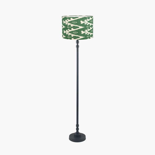 pacific lifestyle Rhode Matt Black Stick Metal Floor Lamp Base with Lars 40cm Racing Green Ikat Patterned Cylinder Lampshade