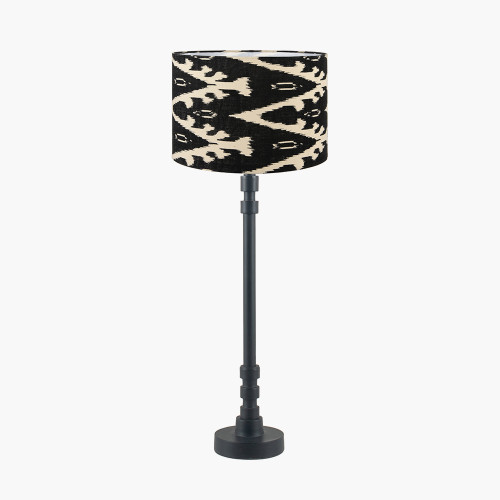 pacific lifestyle Rhode Matt Black Stick Metal Table Lamp Base with Lars 30cm Black Ikat Patterned Cylinder Lampshade