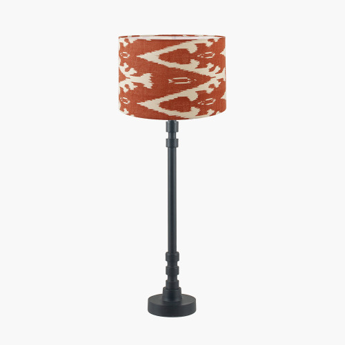 pacific lifestyle Rhode Matt Black Stick Metal Table Lamp Base with Lars 30cm Cinnamon Ikat Patterned Cylinder Lampshade