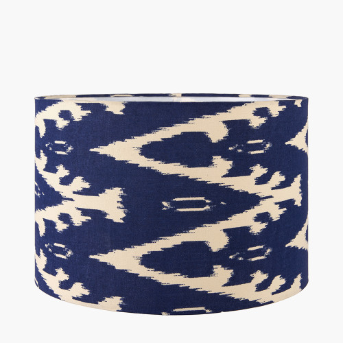 Pacific Lifestyle Rhode Matt Black Stick Metal Table Lamp Base With Lars 30cm Ocean Blue Ikat Patterned Cylinder Lampshade