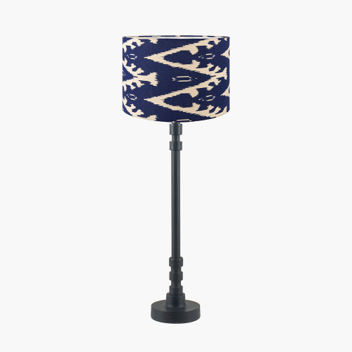 pacific lifestyle Rhode Matt Black Stick Metal Table Lamp Base with Lars 30cm Ocean Blue Ikat Patterned Cylinder Lampshade