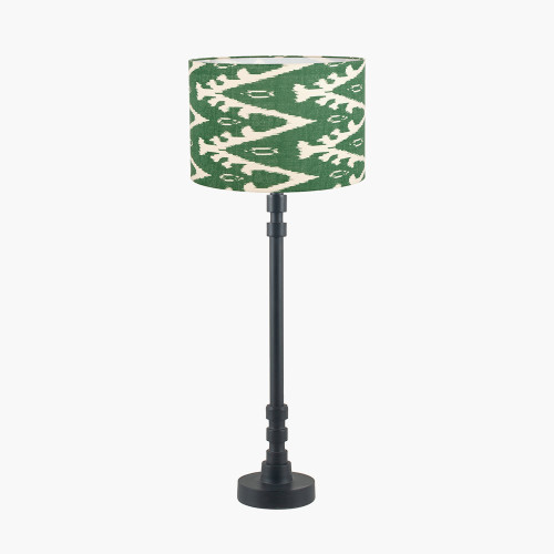 pacific lifestyle Rhode Matt Black Stick Metal Table Lamp Base with Lars 30cm Racing Green Ikat Patterned Cylinder Lampshade