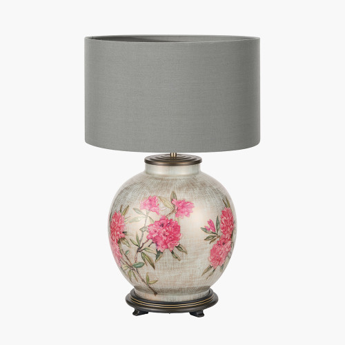 pacific lifestyle Rhododendron Large Glass Table Lamp Base with Harry 45cm Steel Grey Cotton Mix Cylinder Lampshade