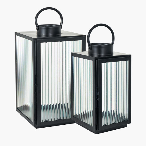 Pacific Lifestyle S/2 Black Metal And Ribbed Glass Lanterns