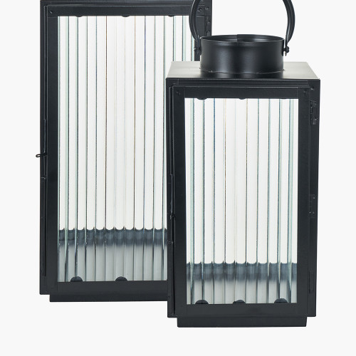 Pacific Lifestyle S/2 Black Metal And Ribbed Glass Lanterns
