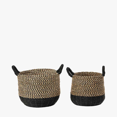 Pacific Lifestyle S/2 Seagrass Natural And Black Round Handled Baskets