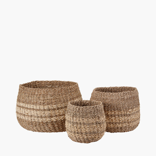 pacific lifestyle S/3 2-Tone Seagrass and Palm Leaf Natural Round Baskets