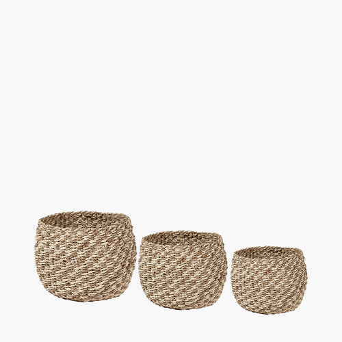 Pacific Lifestyle S/3 Seagrass And Palm Leaf 2-Tone Natural Plaited Round Baskets