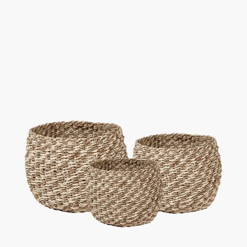 pacific lifestyle S/3 Seagrass and Palm Leaf 2-Tone Natural Plaited Round Baskets