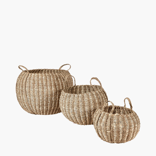 Pacific Lifestyle S/3 Seagrass And Palm Leaf Natural Striped Round Baskets
