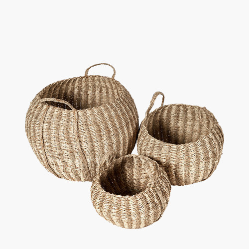 Pacific Lifestyle S/3 Seagrass And Palm Leaf Natural Striped Round Baskets