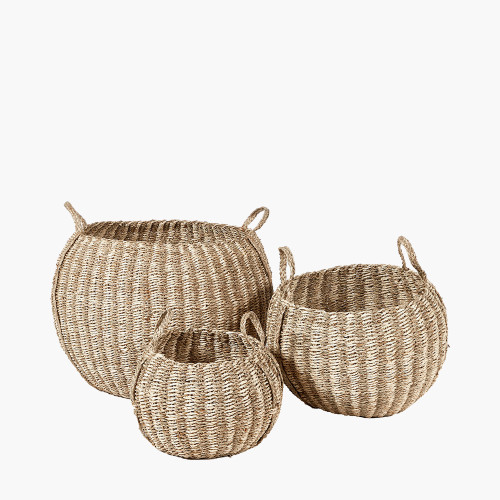 pacific lifestyle S/3 Seagrass and Palm Leaf Natural Striped Round Baskets