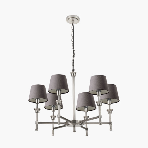 pacific lifestyle Salvatore Antique Silver Metal 6 Arm Pendant with Pelham 15cm Grey Handloom Tapered Candle Clip Lampshade
