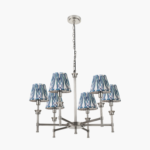pacific lifestyle Salvatore Antique Silver Metal 6 Arm Pendant with Izara 16cm Ocean Blue Ikat Patterned Mushroom Pleat Tapered Lampshade