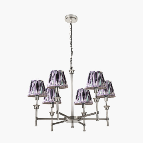 pacific lifestyle Salvatore Antique Silver Metal 6 Arm Pendant with Izara 16cm Lilac Ikat Patterned Mushroom Pleat Tapered Lampshade