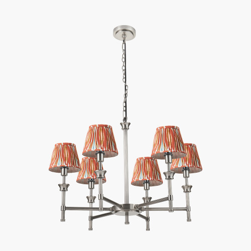 pacific lifestyle Salvatore Antique Silver Metal 6 Arm Pendant with Izara 16cm Cinnamon Ikat Patterned Mushroom Pleat Tapered Lampshade