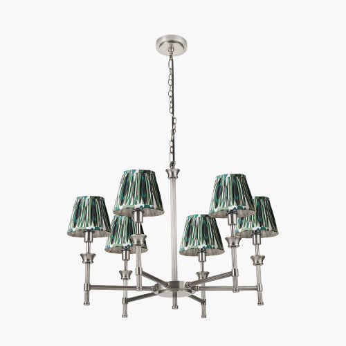 pacific lifestyle Salvatore Antique Silver Metal 6 Arm Pendant with Izara 16cm Racing Green Ikat Patterned Mushroom Pleat Tapered Lampshade