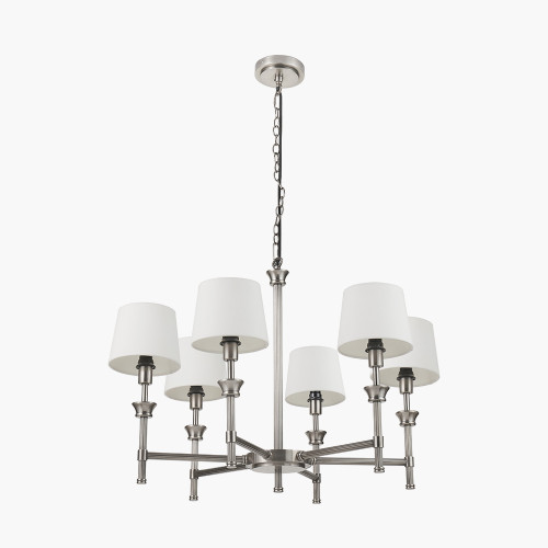 pacific lifestyle Salvatore Antique Silver Metal 6 Arm Pendant with Pelham 15cm White Handloom Tapered Candle Clip Lampshades