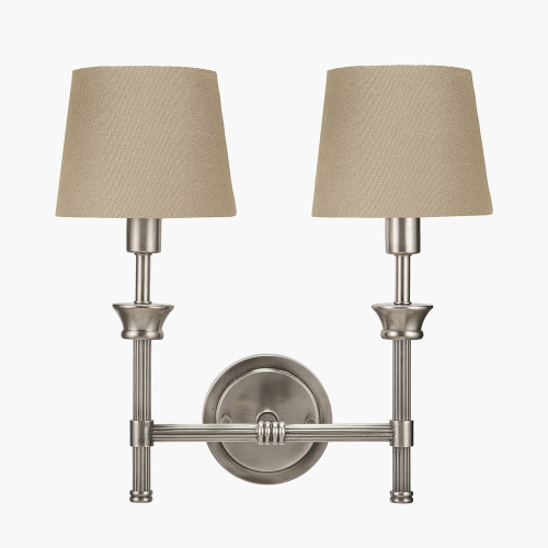 pacific lifestyle Salvatore Antique Silver Metal Double Wall Light with Pelham 15cm Taupe Handloom Tapered Candle Clip Lampshades