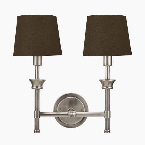 pacific lifestyle Salvatore Antique Silver Metal Double Wall Light with Pelham 15cm Grey Handloom Tapered Candle Clip Lampshade