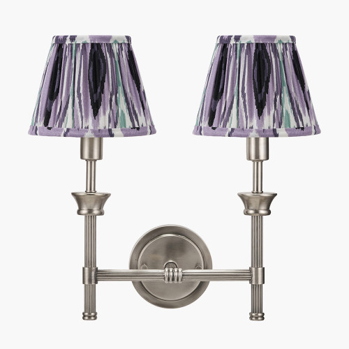 pacific lifestyle Salvatore Antique Silver Metal Double Wall Light with Izara 16cm Lilac Ikat Patterned Mushroom Pleat Tapered Lampshade