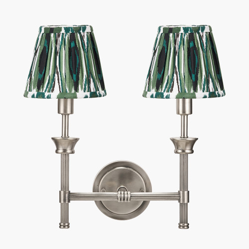 pacific lifestyle Salvatore Antique Silver Metal Double Wall Light with Izara 16cm Racing Green Ikat Patterned Mushroom Pleat Tapered Lampshade